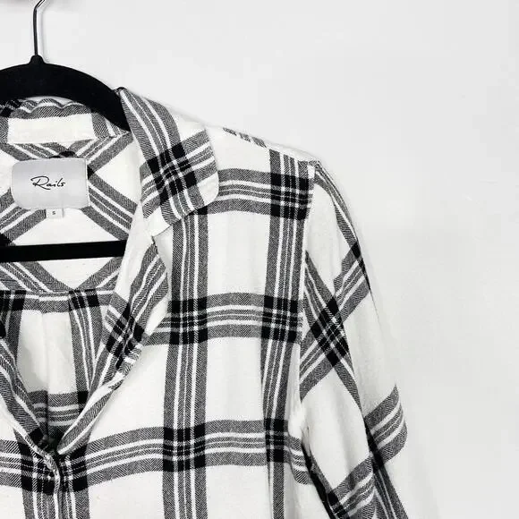 Rails Small White Black Long Sleeve Short Set Onyx Plaid Top Button Down Flannel - Picture 3 of 8